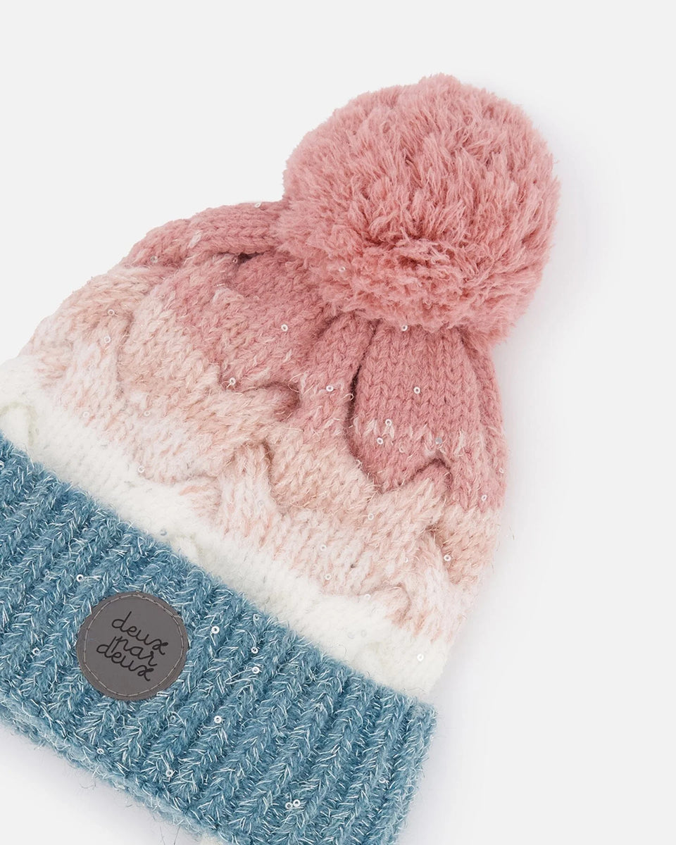 Deux par Deux Tuque d'hiver à pompon avec cache-oreille mauve et rose -  Bébé Fille