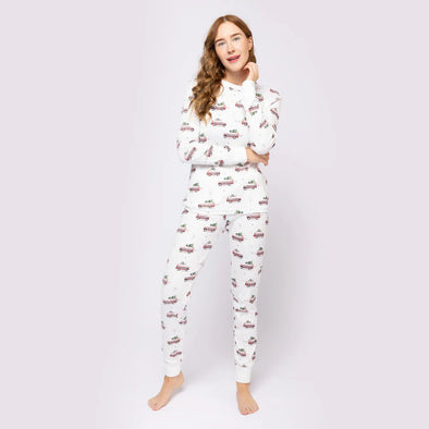 Petit Lem - Ensemble pyjama blanc cassé à imprimé «Voitures familiales» pour femme