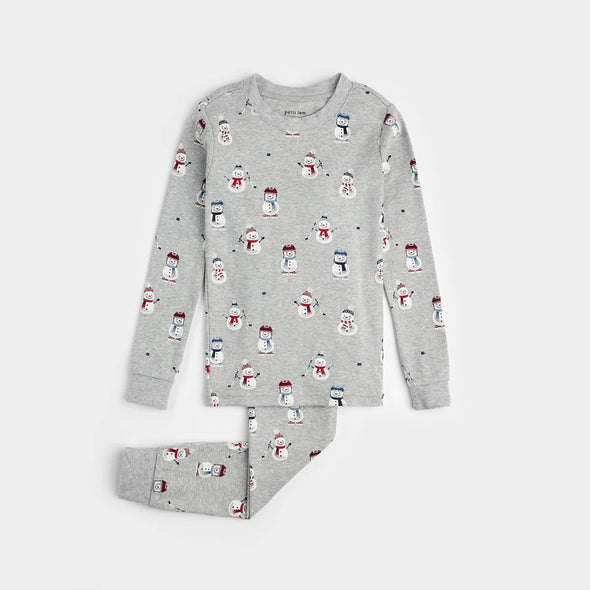 Petit Lem -  Ensemble pyjama gris chiné à imprimé de bonhommes de neige sur patins