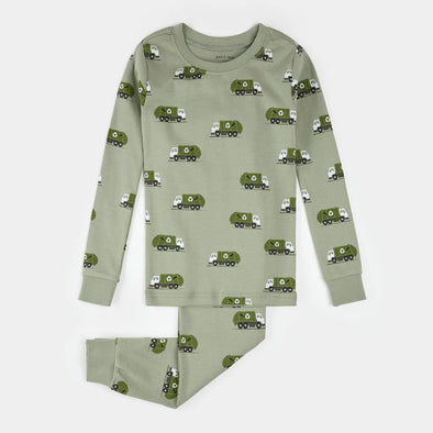 Petit Lem - Ensemble pyjama vert automne à imprimé camion de recyclage