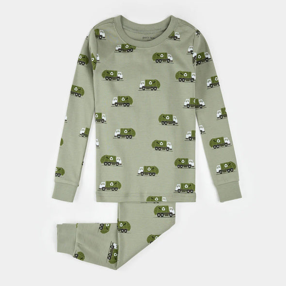 Petit Lem - Ensemble pyjama vert automne à imprimé camion de recyclage