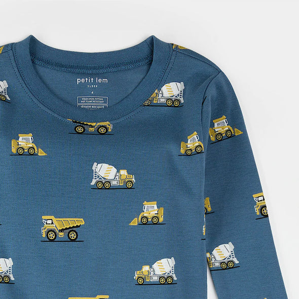 Petit Lem - Ensemble pyjama bleu cobalt à imprimé camion de construction