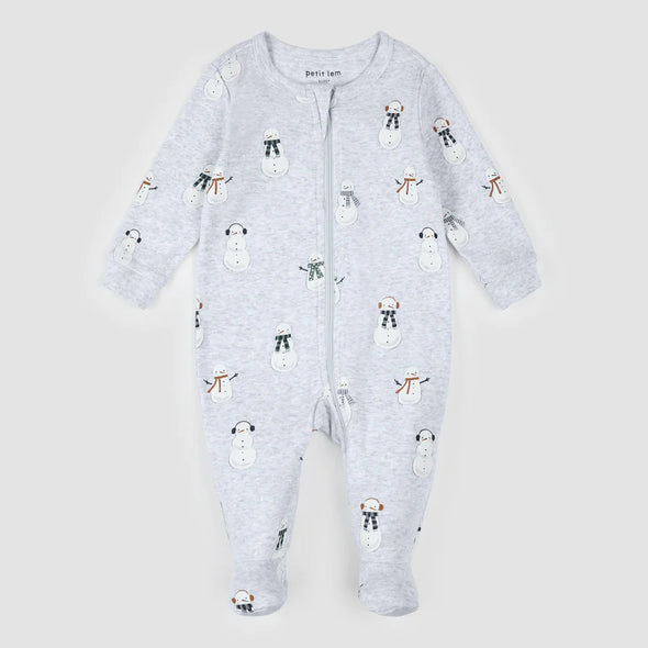 Petit Lem - Dormeuse gris chiné pâle à imprimé bonhomme de neige