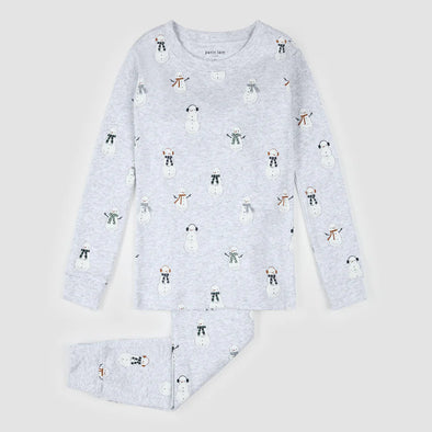 Petit Lem - Ensemble pyjama bébé gris chiné pâle à imprimé bonhomme de neige