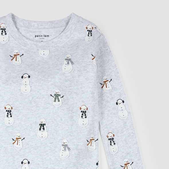 Petit Lem - Ensemble pyjama bébé gris chiné pâle à imprimé bonhomme de neige