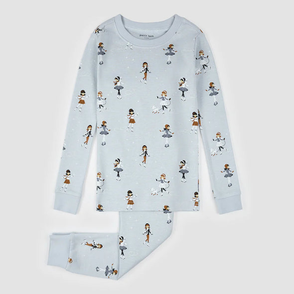 Petit Lem - Ensemble pyjama bébé bleu perle à imprimé patinage artistique