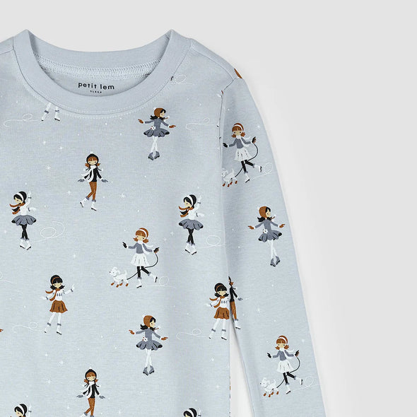 Petit Lem - Ensemble pyjama bébé bleu perle à imprimé patinage artistique