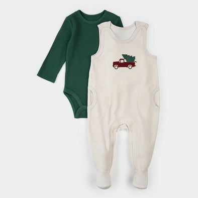 Petit Lem - Ensemble salopette thermique rayée vert foncé