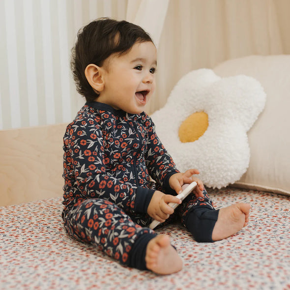 Petit Lem - Pyjamas convertible bleu marine floral coquelicots