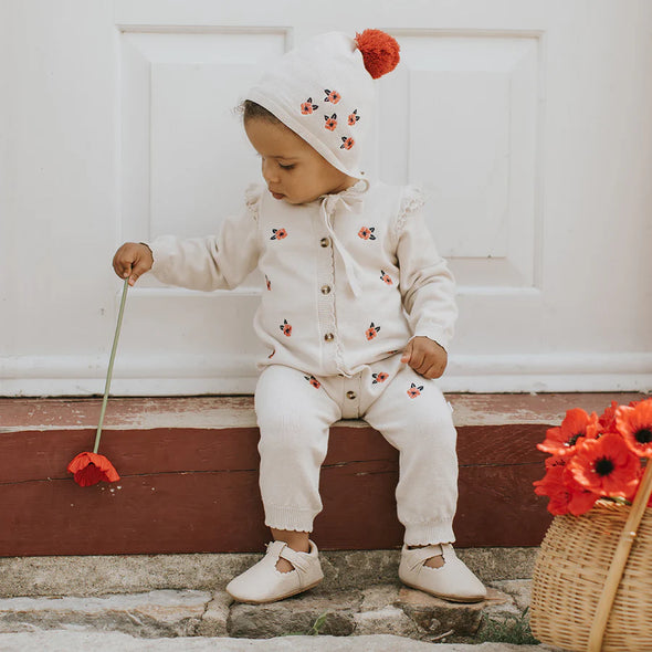 Petit Lem - Une pièce en tricot beige coquelicots