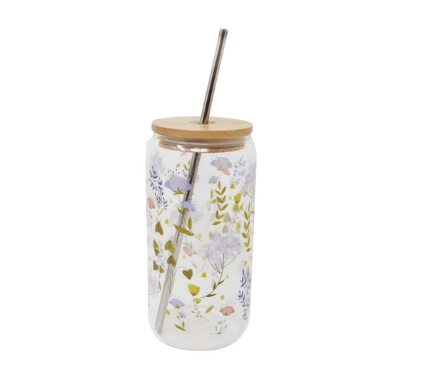 VERRE COUVERCLE/PAILLE FLEURETTES