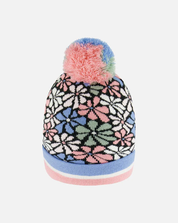 Deux par Deux - Bonnet en tricot fleurs rétro bleu, rose et blanc