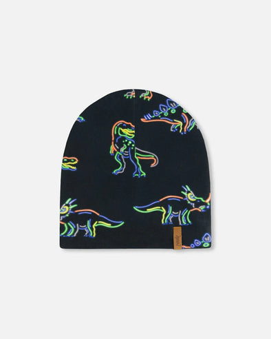 Deux par Deux - Bonnet De Mi-Saison En Jersey Imprimé Noir Avec Dinosaures Néon