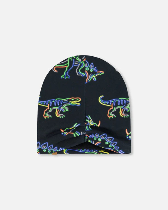 Deux par Deux - Bonnet De Mi-Saison En Jersey Imprimé Noir Avec Dinosaures Néon