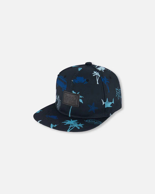 Deux par Deux - Casquette imprimée noire avec éléments de plage bleu pâle