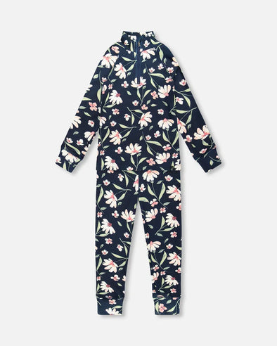 Deux par Deux - Ensemble de sous-vêtements thermiques deux pièces marine fleurs