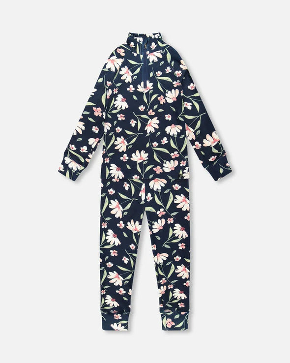 Deux par Deux - Ensemble de sous-vêtements thermiques deux pièces marine fleurs
