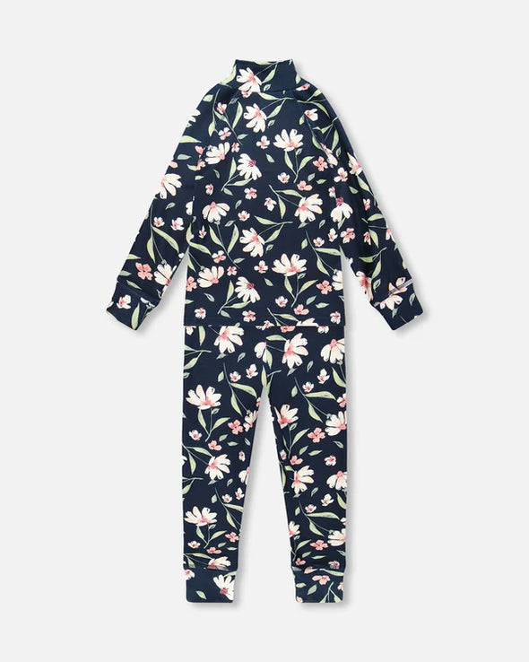 Deux par Deux - Ensemble de sous-vêtements thermiques deux pièces marine fleurs