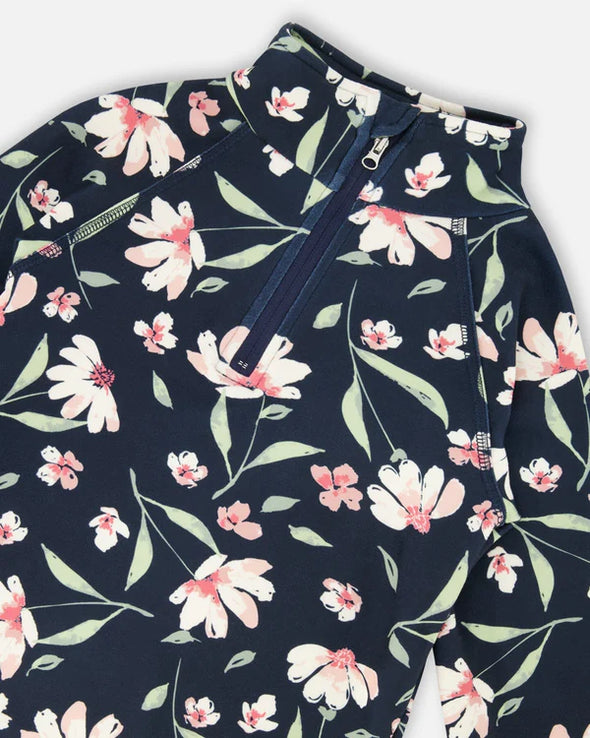 Deux par Deux - Ensemble de sous-vêtements thermiques deux pièces marine fleurs