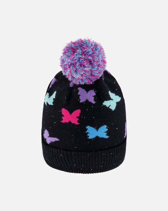 Deux par Deux - Tuque en tricot doublé à pompon noir  papillons