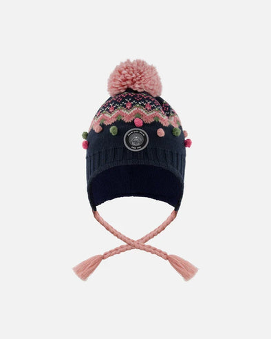 Deux par Deux - Tuque en tricot doublé à pompon bleu marine et rose