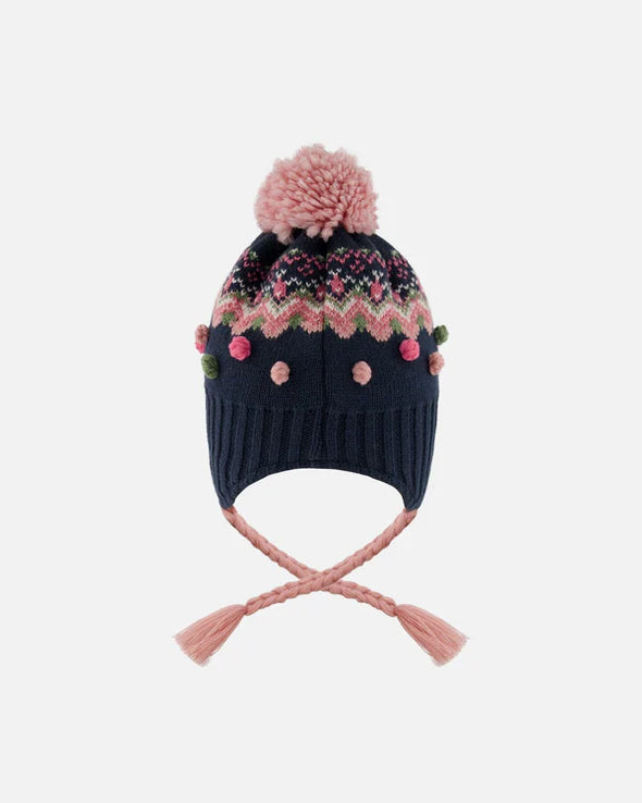 Deux par Deux - Tuque en tricot doublé à pompon bleu marine et rose
