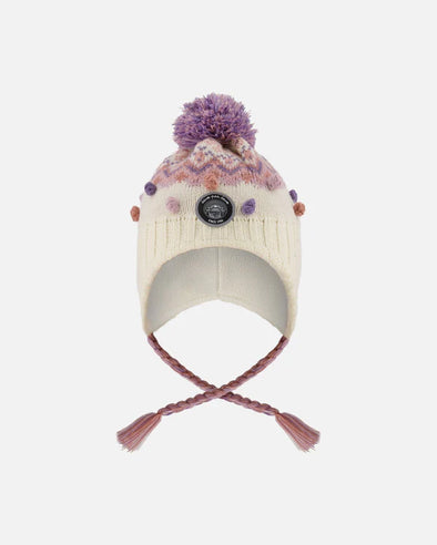 Deux par Deux - Tuque en tricot doublé avec pompon blanc cassé et lilam