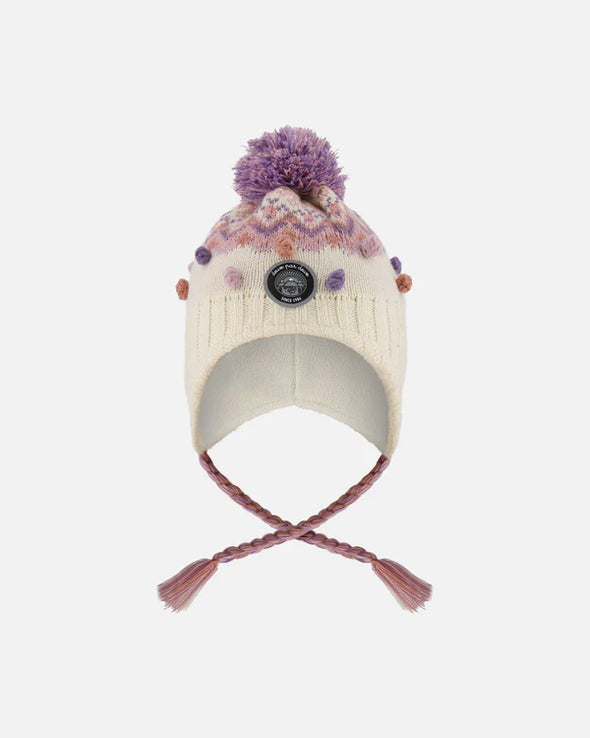 Deux par Deux - Tuque en tricot doublé avec pompon blanc cassé et lilam