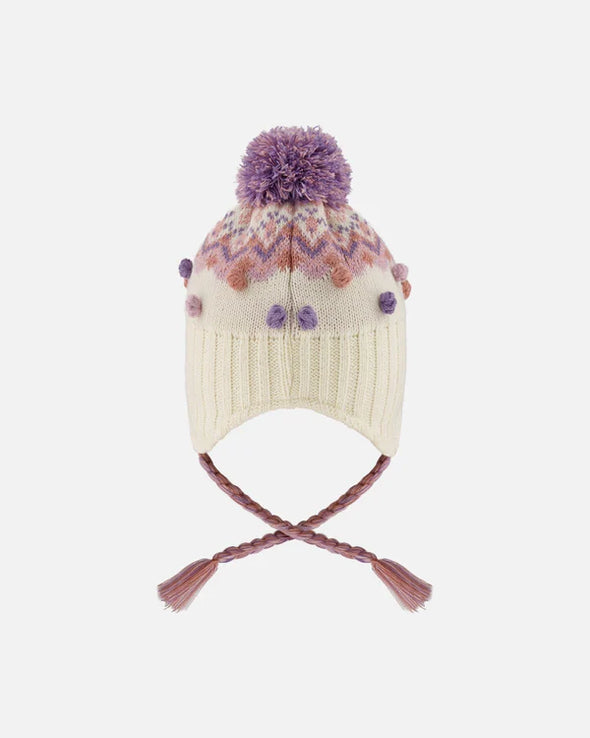 Deux par Deux - Tuque en tricot doublé avec pompon blanc cassé et lilam