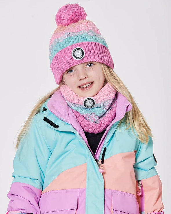 Deux par Deux - Tuque en tricot doublé avec pompon rose, orange et turquoise