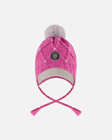 Deux par Deux - Tuque en tricot doublé en tricot avec pompon rose et multicolore