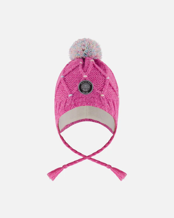 Deux par Deux - Tuque en tricot doublé en tricot avec pompon rose et multicolore