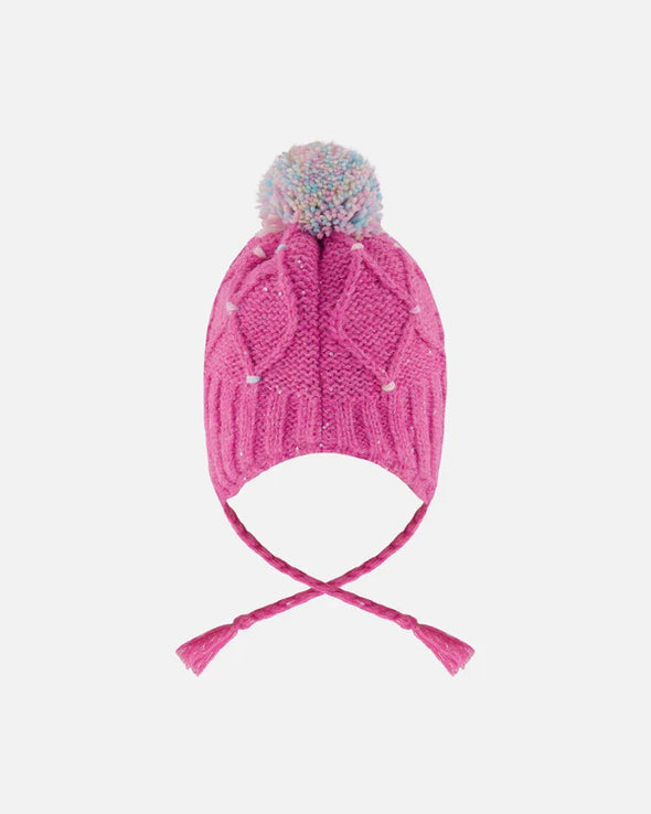 Deux par Deux - Tuque en tricot doublé en tricot avec pompon rose et multicolore