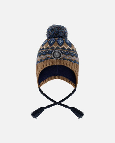 Deux par Deux - Tuque en tricot doublé avec pompon taupe et marine