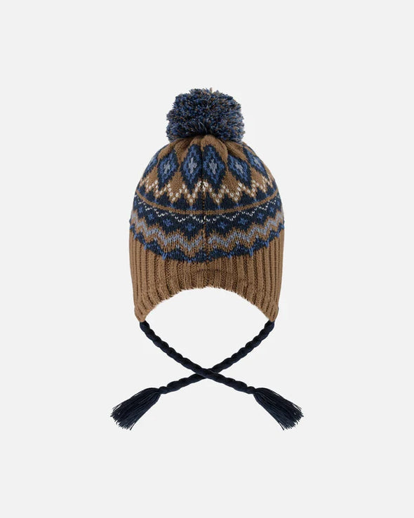 Deux par Deux - Tuque en tricot doublé avec pompon taupe et marine