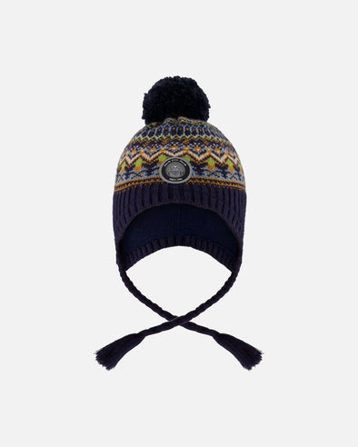 Deux par Deux - Tuque en tricot doublé pompon marine et taupe