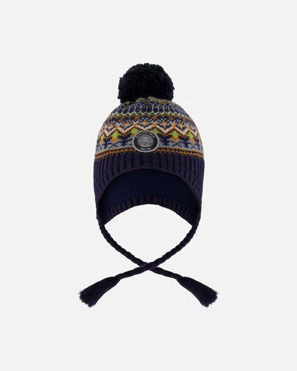Deux par Deux - Tuque en tricot doublé pompon marine et taupe