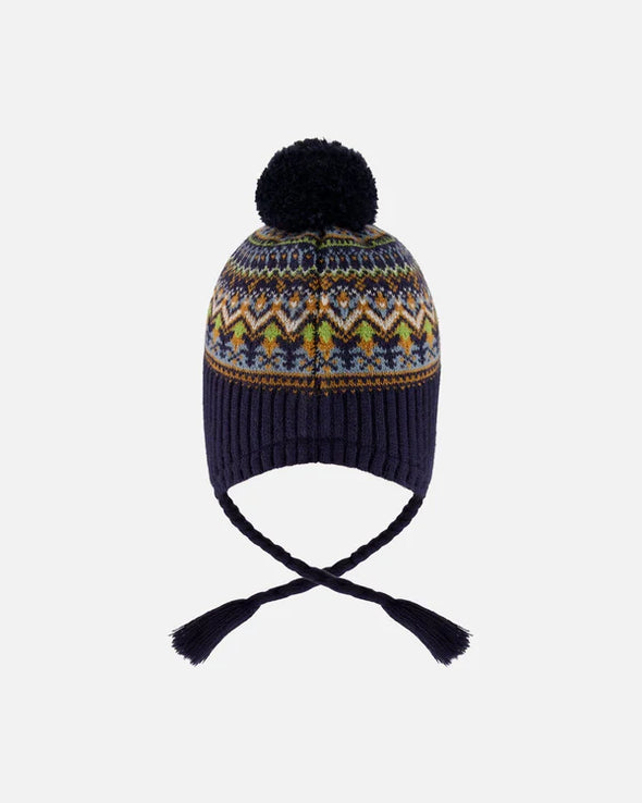 Deux par Deux - Tuque en tricot doublé pompon marine et taupe