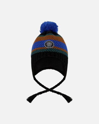 Deux par Deux - Tuque en tricot doublé pompon noir, bleu et brun