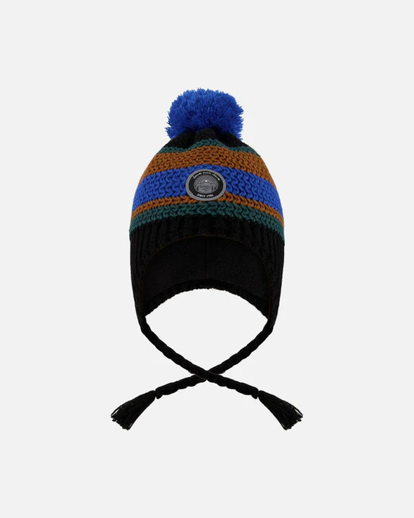 Deux par Deux - Tuque en tricot doublé pompon noir, bleu et brun