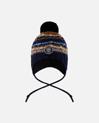 Deux par Deux - Tuque en tricot doublé avec pompon taupe et marine