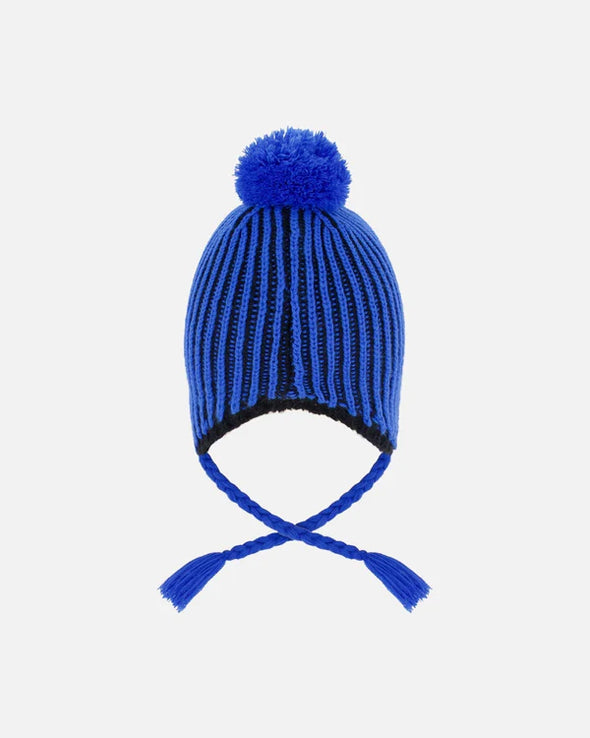 Deux par Deux - Tuque en tricot doublé avec pompon noir et bleu