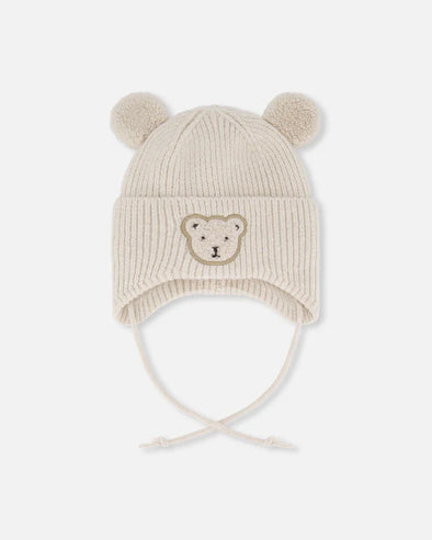 Deux par Deux - Tuque en tricot doublé avec cache-oreilles blanc cassé