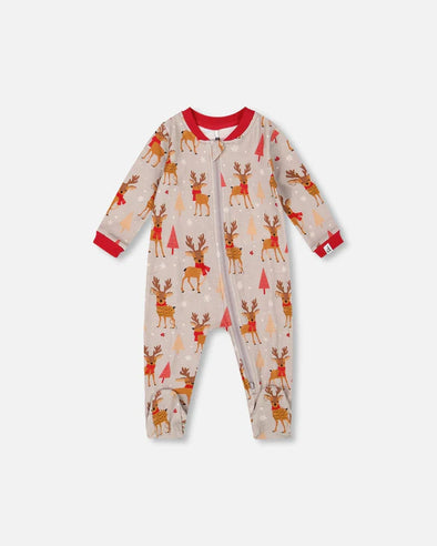 Deux par Deux - Pyjama une pièce beige rennes en coton biologique