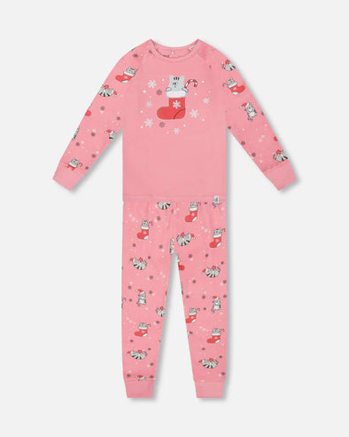 Deux par deux - Pyjama deux pièces rose chats en coton biologique