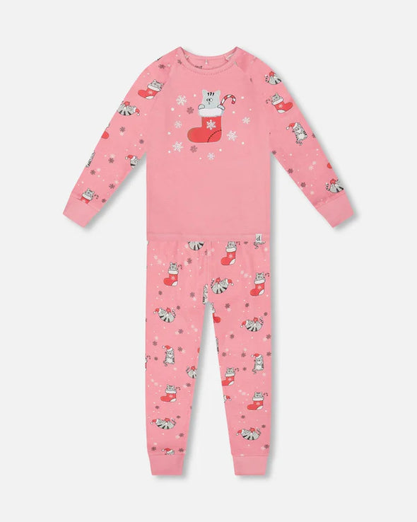 Deux par deux - Pyjama deux pièces rose chats en coton biologique