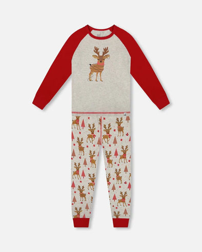 Deux par deux - Pyjama deux pièces beige fille rennes en coton biologique