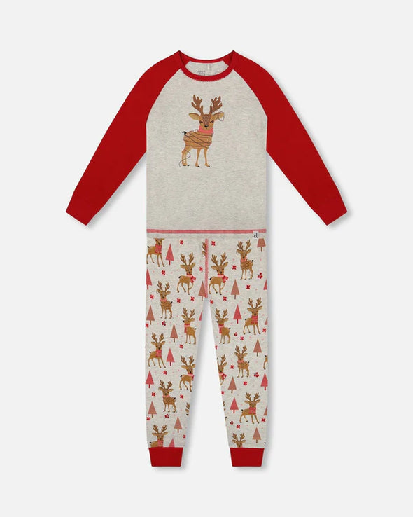 Deux par deux - Pyjama deux pièces beige fille rennes en coton biologique