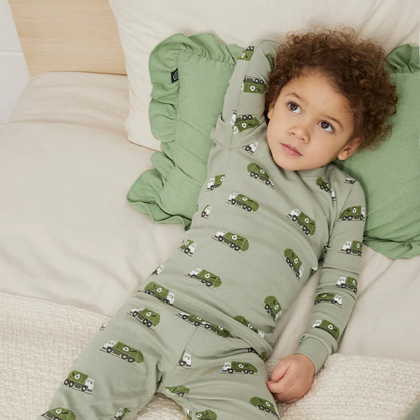 Petit Lem - Ensemble pyjama vert automne à imprimé camion de recyclage