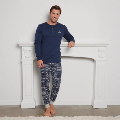 Petit Lem - Ensemble pyjama à col henley bleu marin à motif jacquard pour homme
